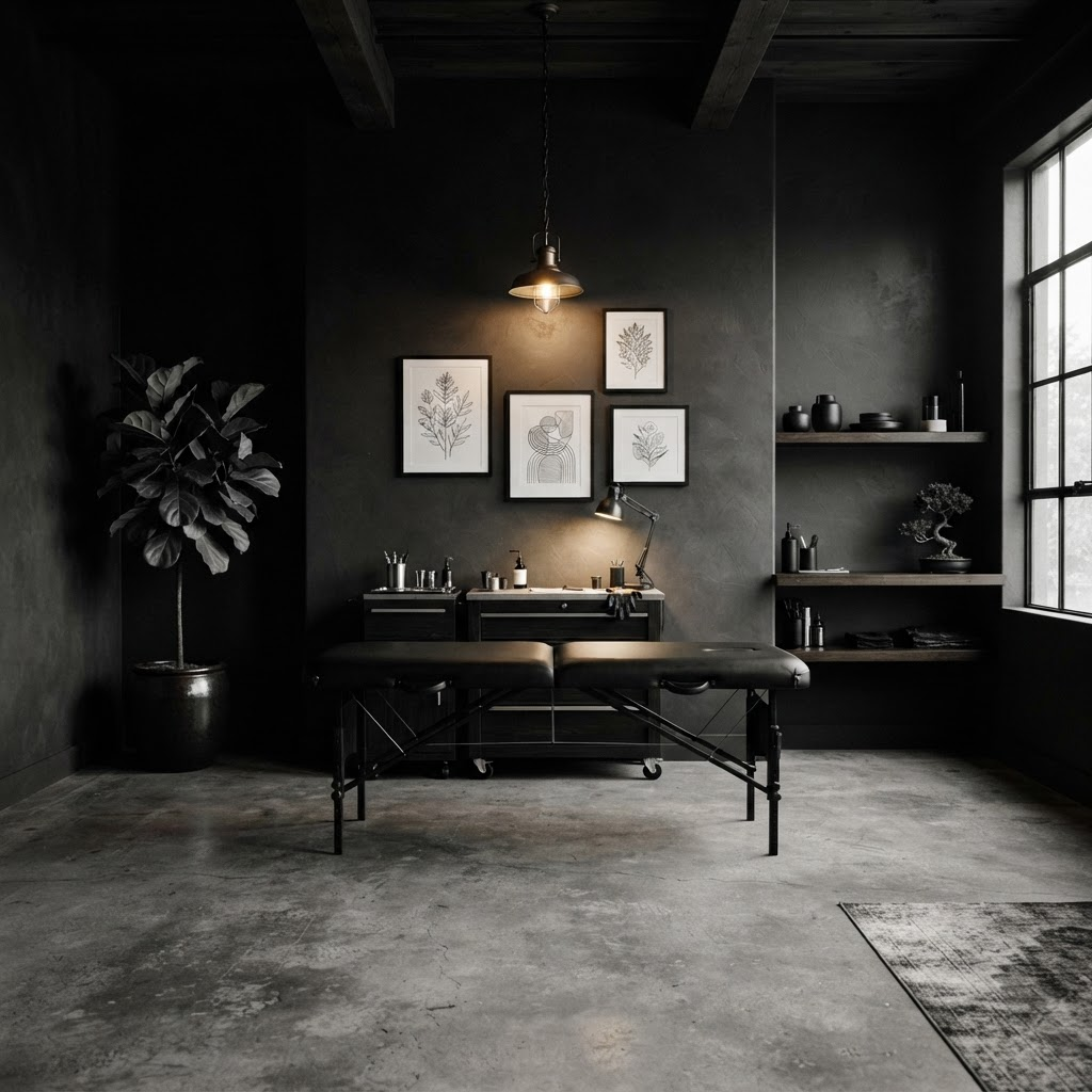 The calm, minimalist interior of A Holy Grail Tattoo studio