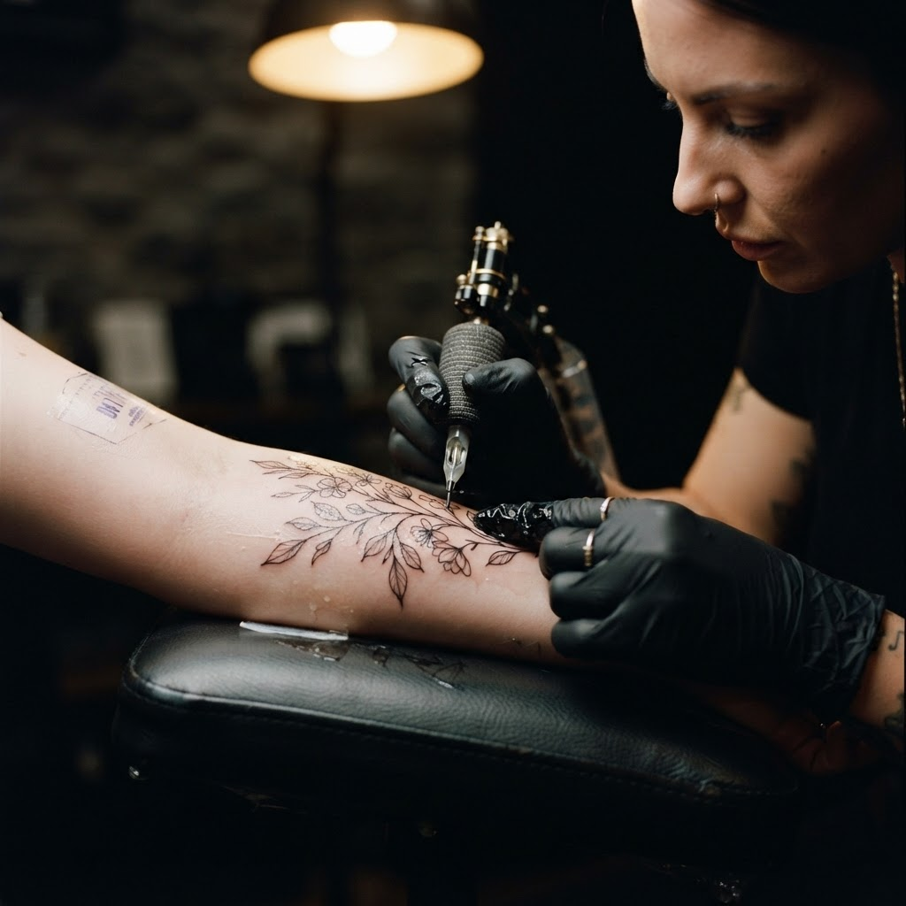 Tattoo artist creating a fine-line tattoo in a moody studio