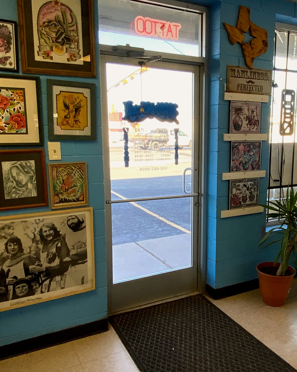 The entrance with a full gallery wall of framed flash and potted plants
